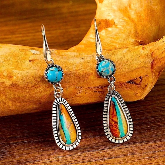 Turquoise and Orange Dangle Earrings - Picture 2 of 2